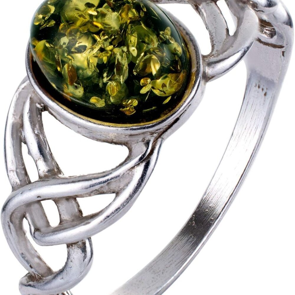 Sterling Silver and Baltic Green Amber Ring Celtic Knots